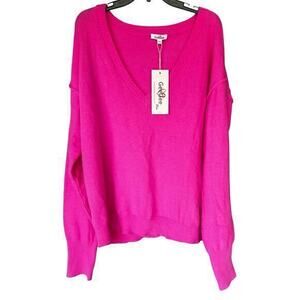GeeGee Woman’s Bright Bold Pink Oversized Reverse Hem Sweater Plus Size XXL 2X